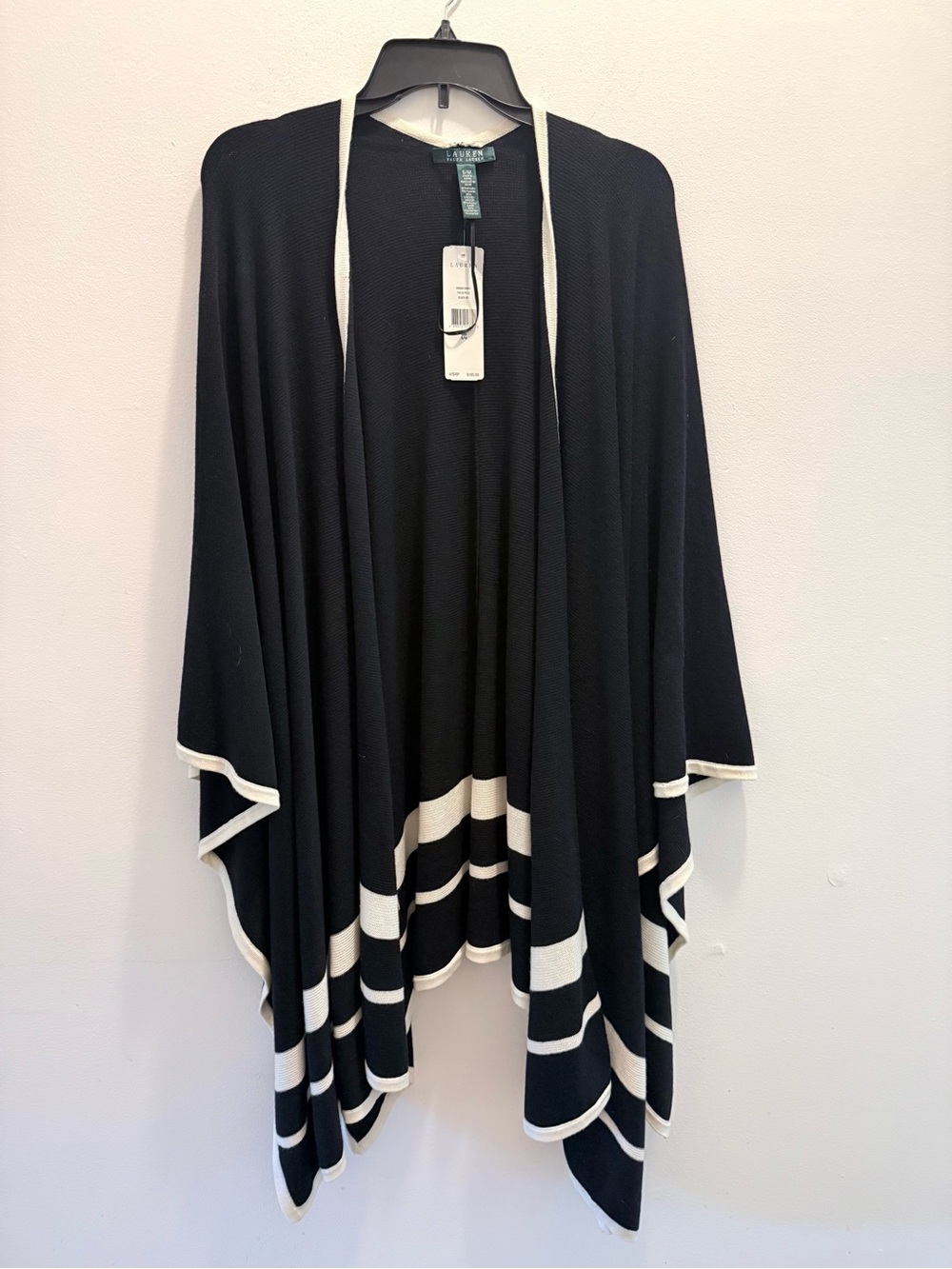Lauren Ralph Lauren Black and White Striped Trim Open-Front Poncho